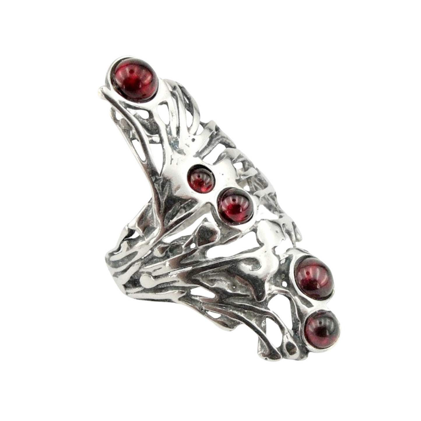 Garnet Ring, Long Sterling Silver and Garnet Ring, Israeli Jewelry, Unisex Ring, Long Finger Ring, Multi Gemstones Ring