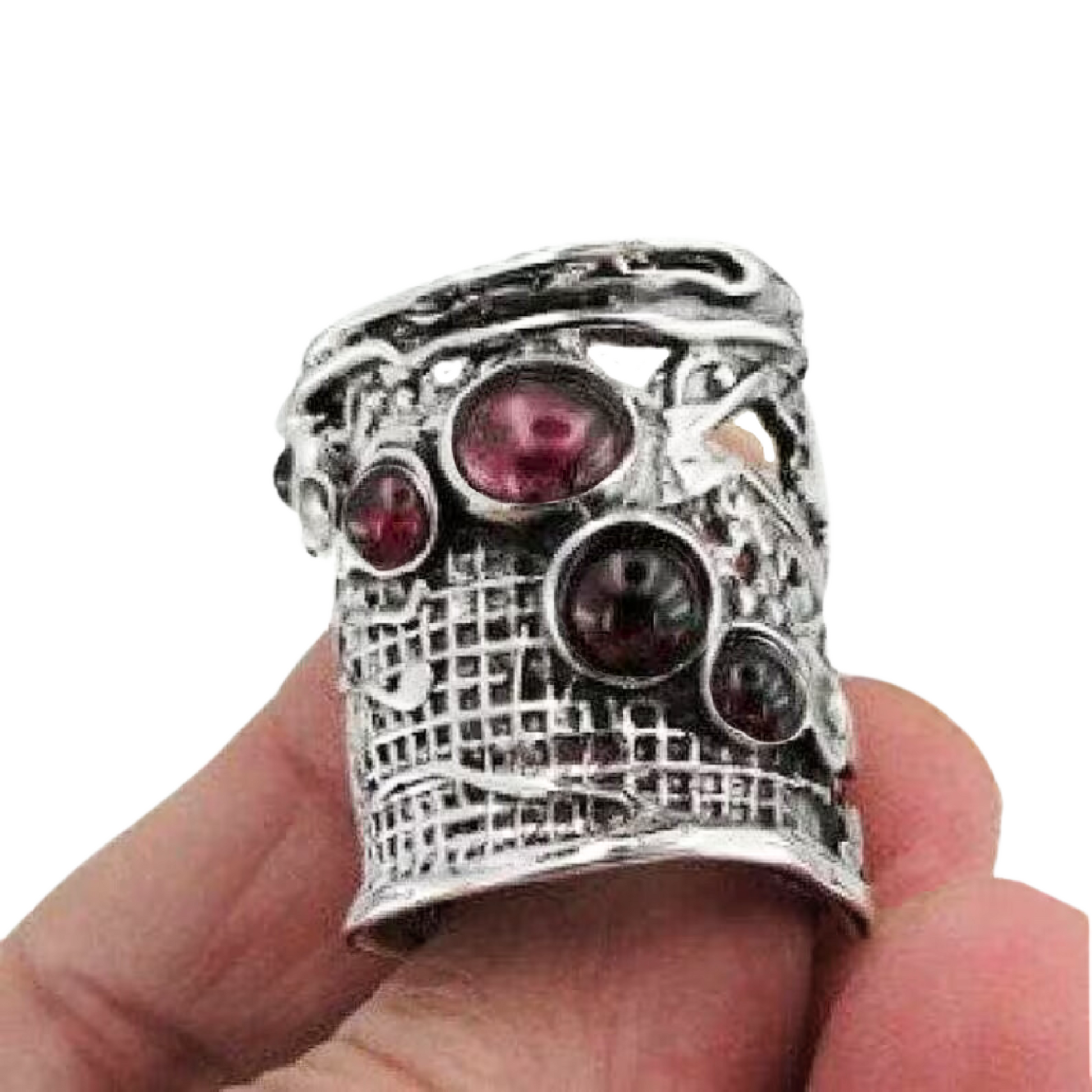 Garnet Ring, Wide Sterling Silver Ring With Garnet Gemstones, Net Textured Ring, Multi Gemstones Ring, Made in Israel