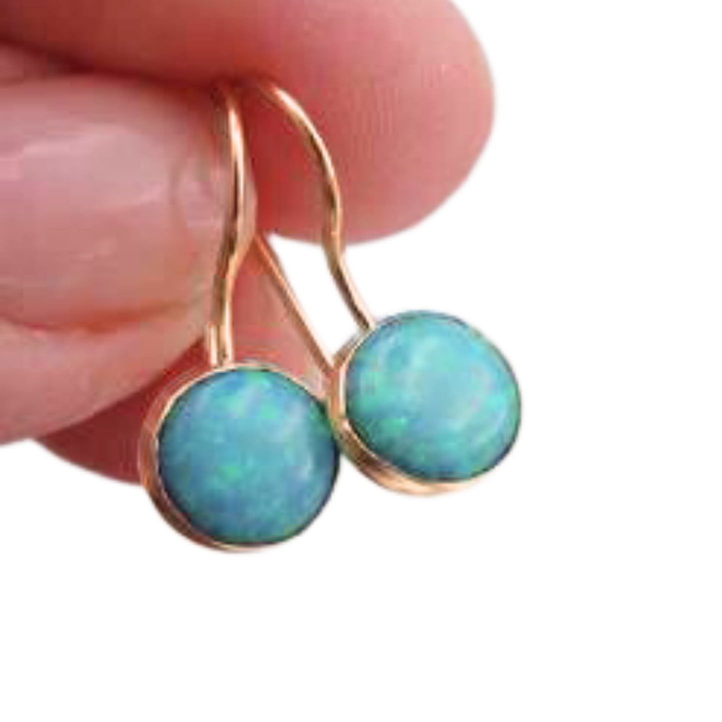 Hadar Designers Handmade Classy 9k/14k Gold 8mm Blue Opal Dangle Earrings October Birthstone
