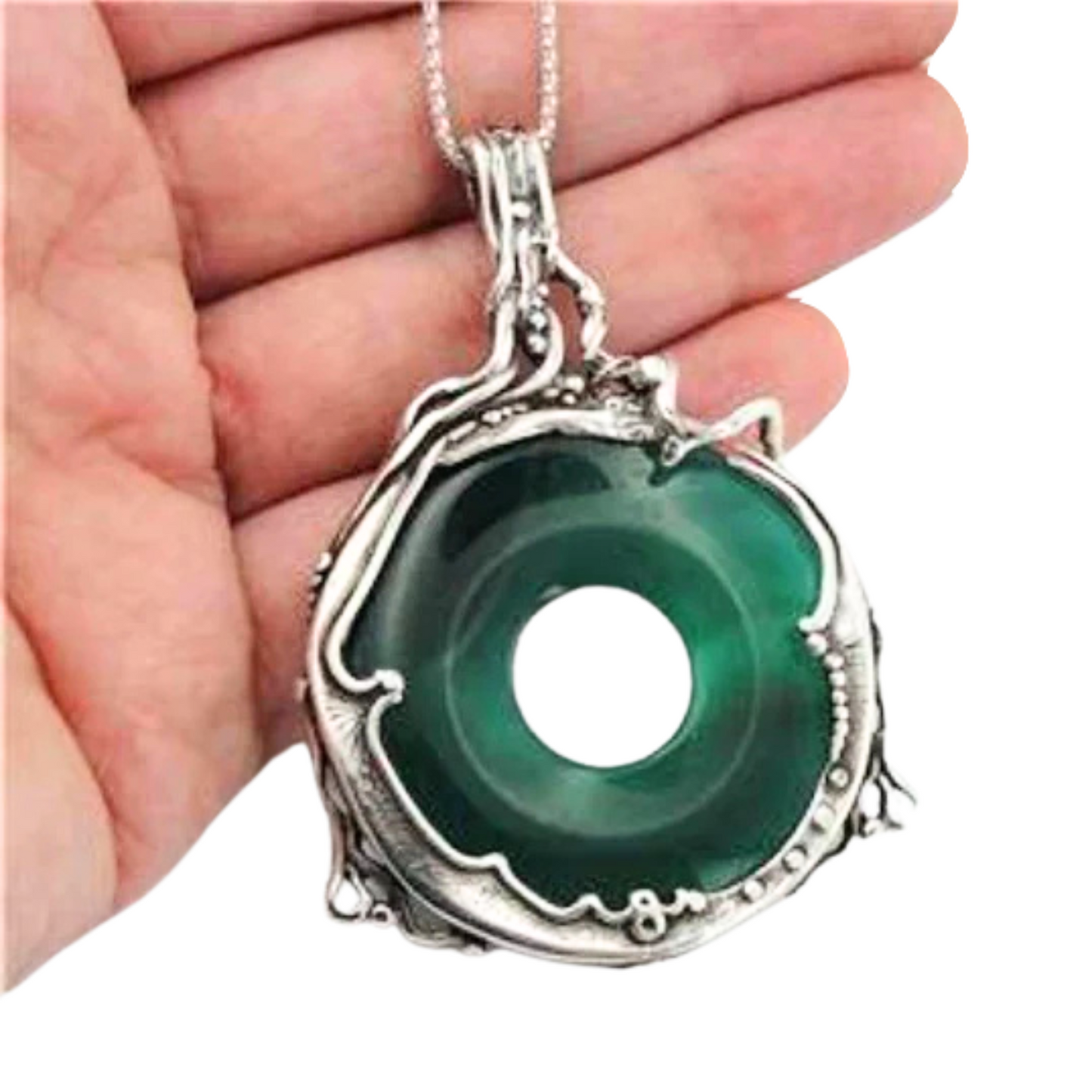 Stunning 40mm natural green agate pendant set in sculptural sterling silver. A meaningful and elegant gift, perfect for Christmas