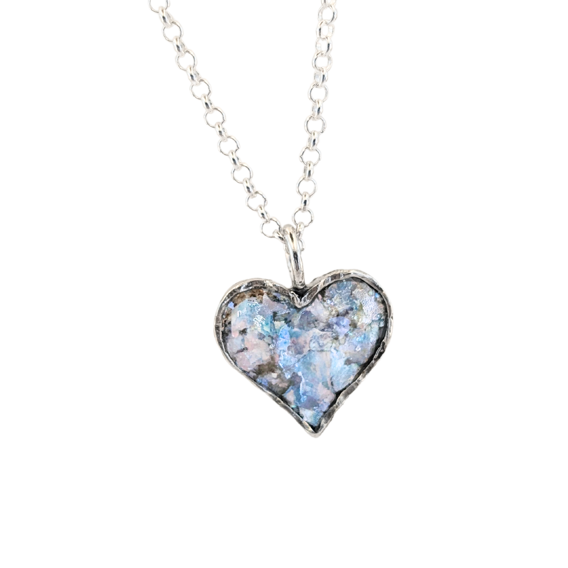 Authentic Roman Glass Heart Pendant in Sterling Silver, featuring a textured silver setting with a heart-shaped inlay of genuine Roman glass. Timeless, handcrafted jewelry, ready to ship for Christmas