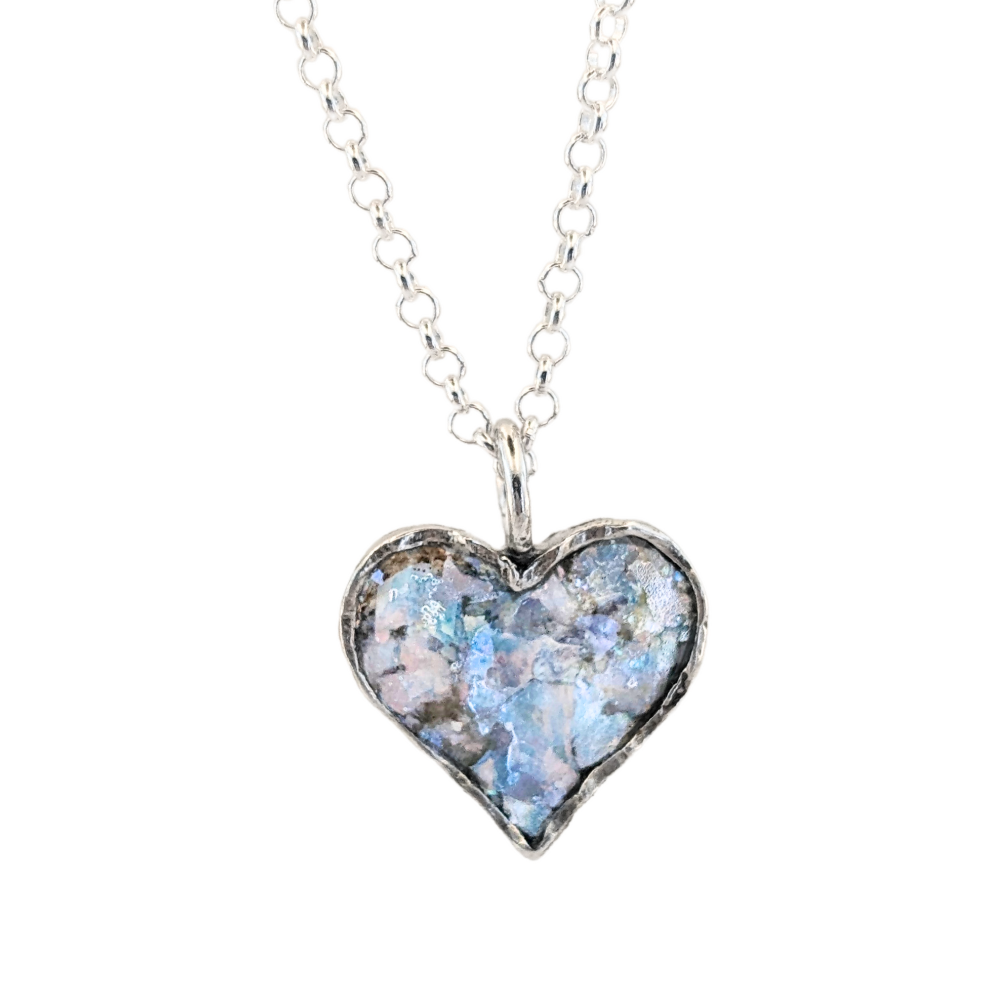 Authentic Roman Glass Heart Pendant in Sterling Silver, featuring a textured silver setting with a heart-shaped inlay of genuine Roman glass. Timeless, handcrafted jewelry, ready to ship for Christmas