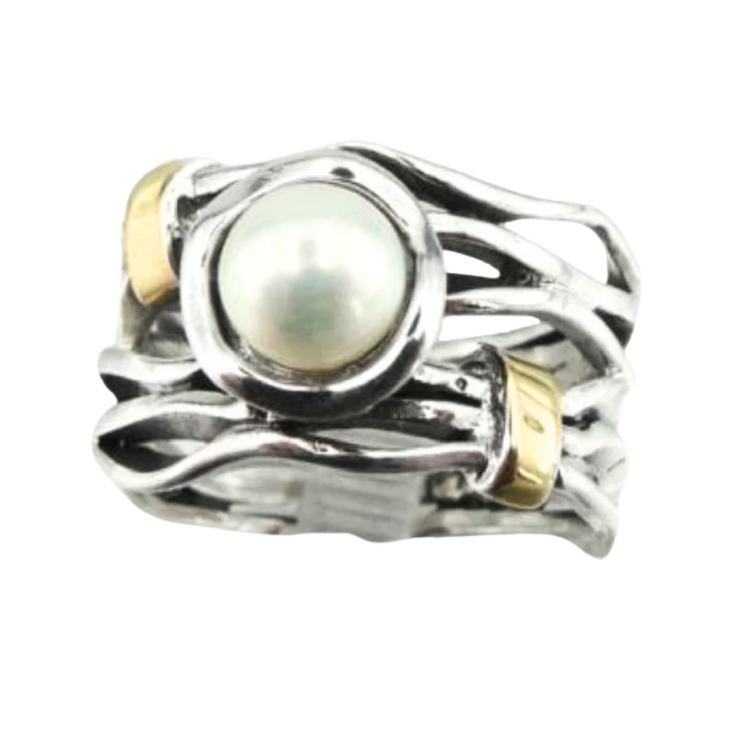 Extremely Elegant pearl ring<br>The ring is made of solid Sterling silver and 9K Yellow Gold, decorated with natural white pearl.