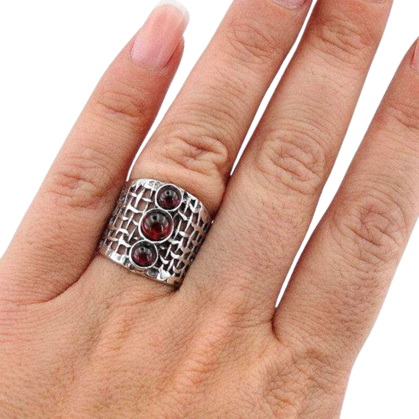 Sterling silver net texture and Garnet ring