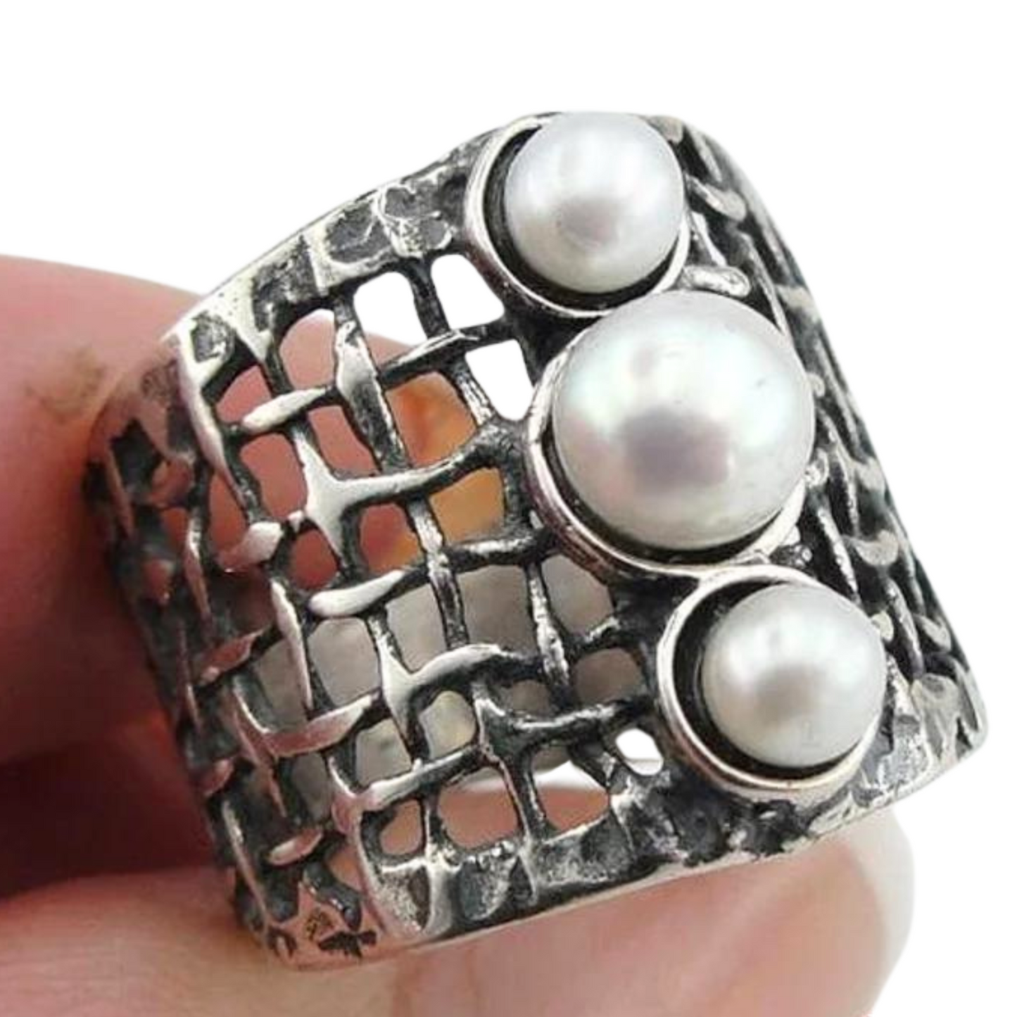Net sterling silver Ring With Natural pearls, Blacked Silver