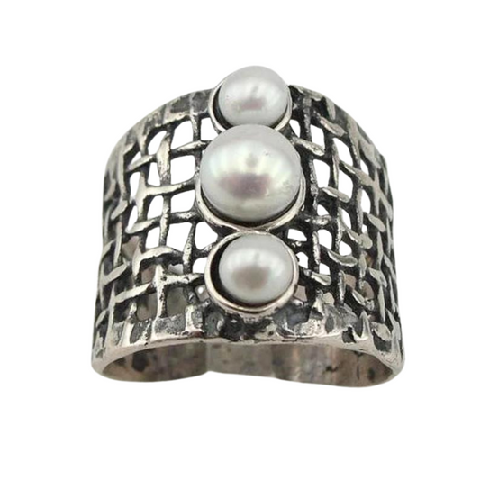 Net sterling silver Ring With Natural pearls, Blacked Silver
