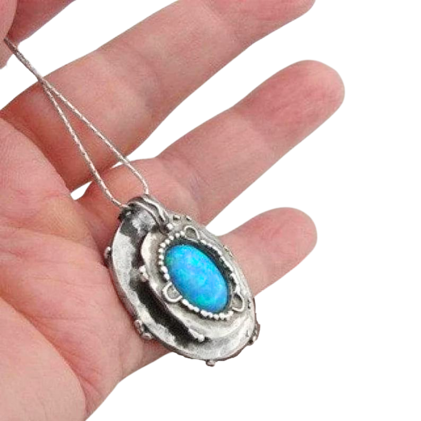 Opal Pendant, Oval Sterling Silver Pendant, Blue Pendant, Unisex Pendant, Israeli Jewelry