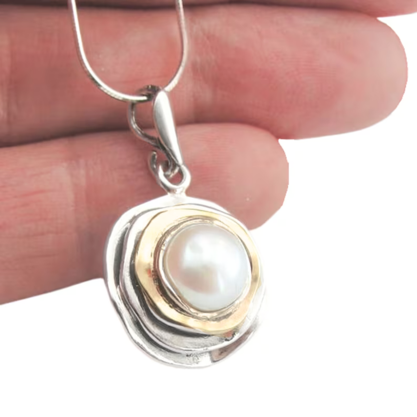 Pearl pendant, Round pearl pendant, Silver and gold Pendant, Pearl necklace, Israeli jewelry, Israeli design, gift for her, Pearl necklace