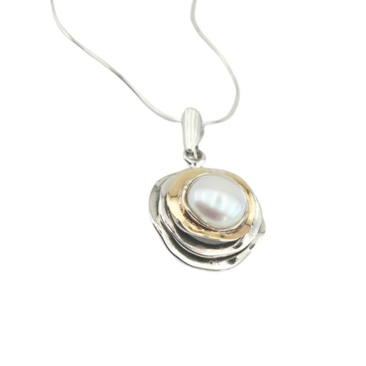 Pearl pendant, Round pearl pendant, Silver and gold Pendant, Pearl necklace, Israeli jewelry, Israeli design, gift for her, Pearl necklace