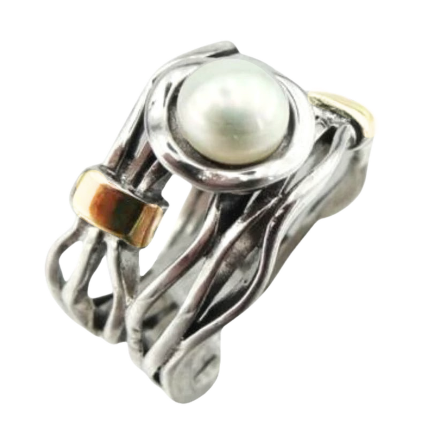 Extremely Elegant pearl ring<br>The ring is made of solid Sterling silver and 9K Yellow Gold, decorated with natural white pearl.