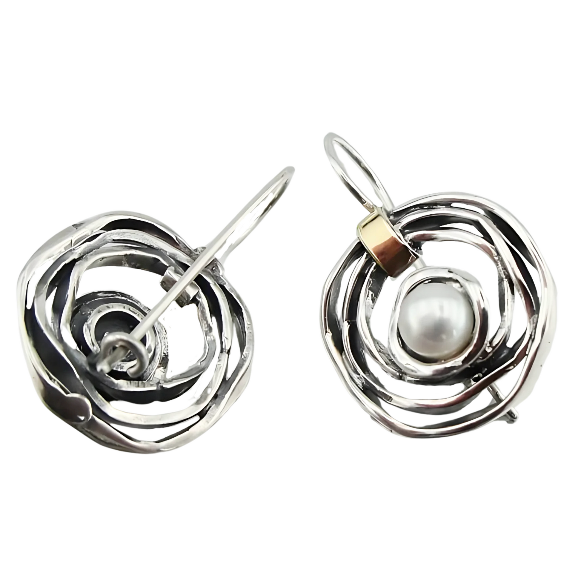 Elegant, handcrafted sterling silver earrings with a sophisticated open spiral design, featuring lustrous freshwater pearls as centerpieces and accented with delicate touches of yellow gold. These unique earrings, designed by Hadar Jewelry, blend modern aesthetics with timeless luxury, perfect for adding a refined, statement look to any ensemble.