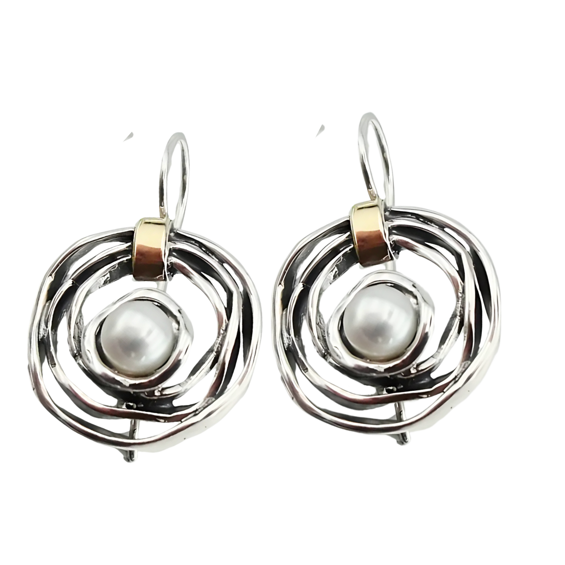Elegant, handcrafted sterling silver earrings with a sophisticated open spiral design, featuring lustrous freshwater pearls as centerpieces and accented with delicate touches of yellow gold. These unique earrings, designed by Hadar Jewelry, blend modern aesthetics with timeless luxury, perfect for adding a refined, statement look to any ensemble.