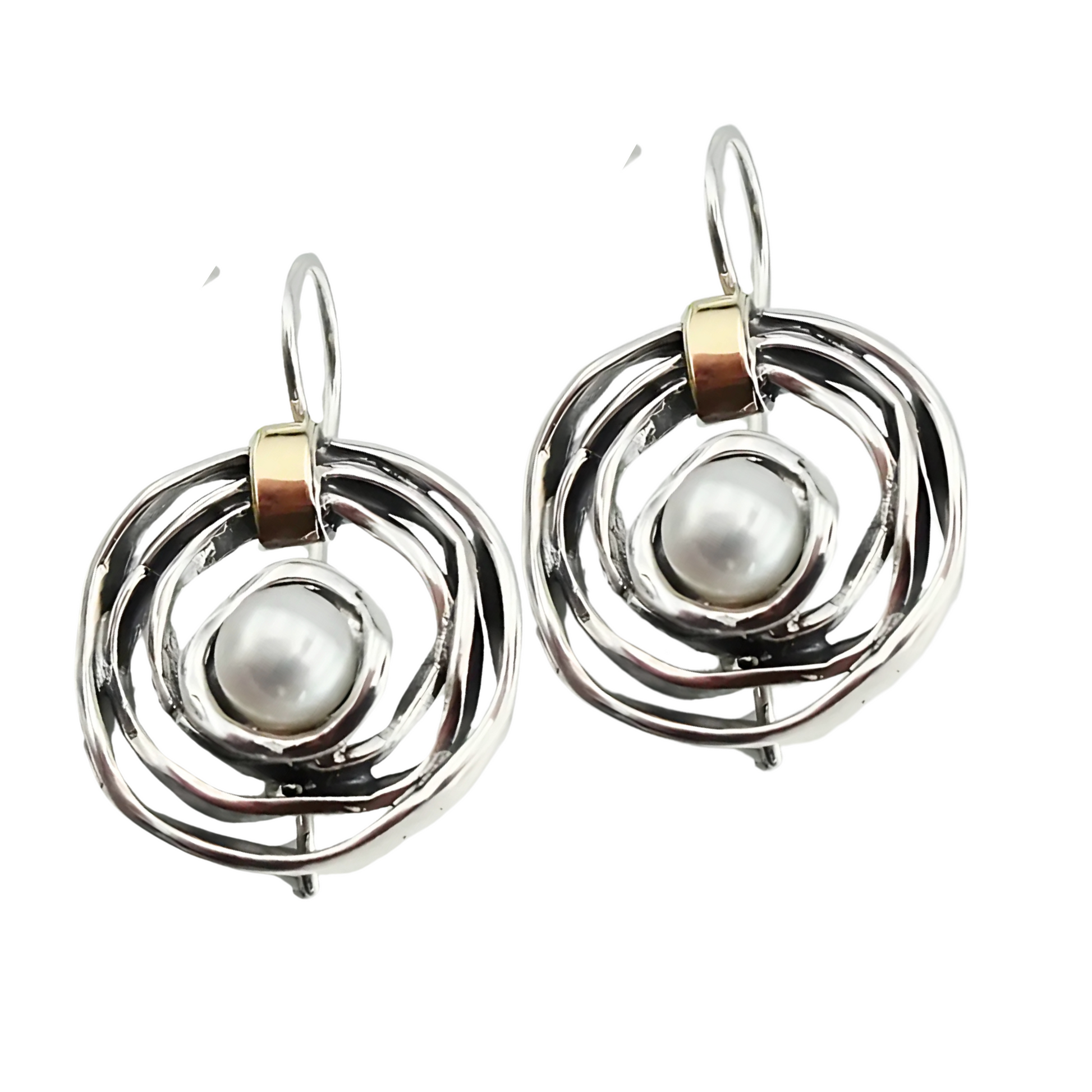 Elegant, handcrafted sterling silver earrings with a sophisticated open spiral design, featuring lustrous freshwater pearls as centerpieces and accented with delicate touches of yellow gold. These unique earrings, designed by Hadar Jewelry, blend modern aesthetics with timeless luxury, perfect for adding a refined, statement look to any ensemble.