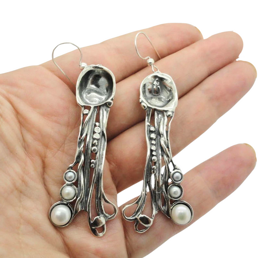 Handmade Pearl Sterling Silver Earrings - Unique Long Silver Earrings - Customizable