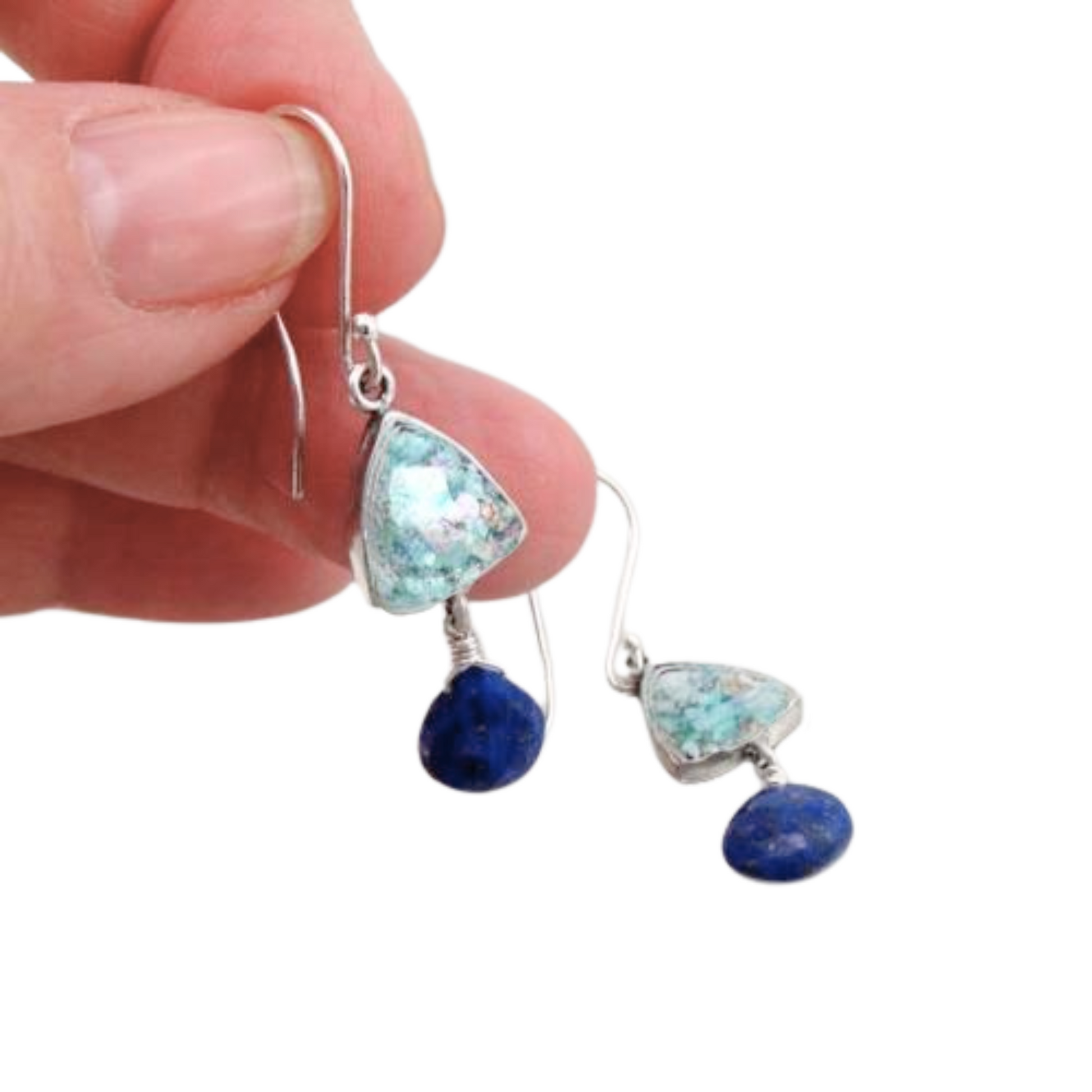 Sterling Silver Roman Glass and Lapis Gemstones Earrings