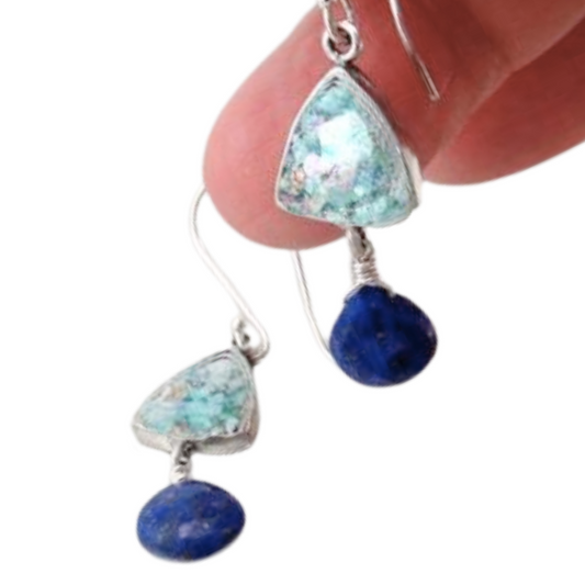Sterling Silver Roman Glass and Lapis Gemstones Earrings