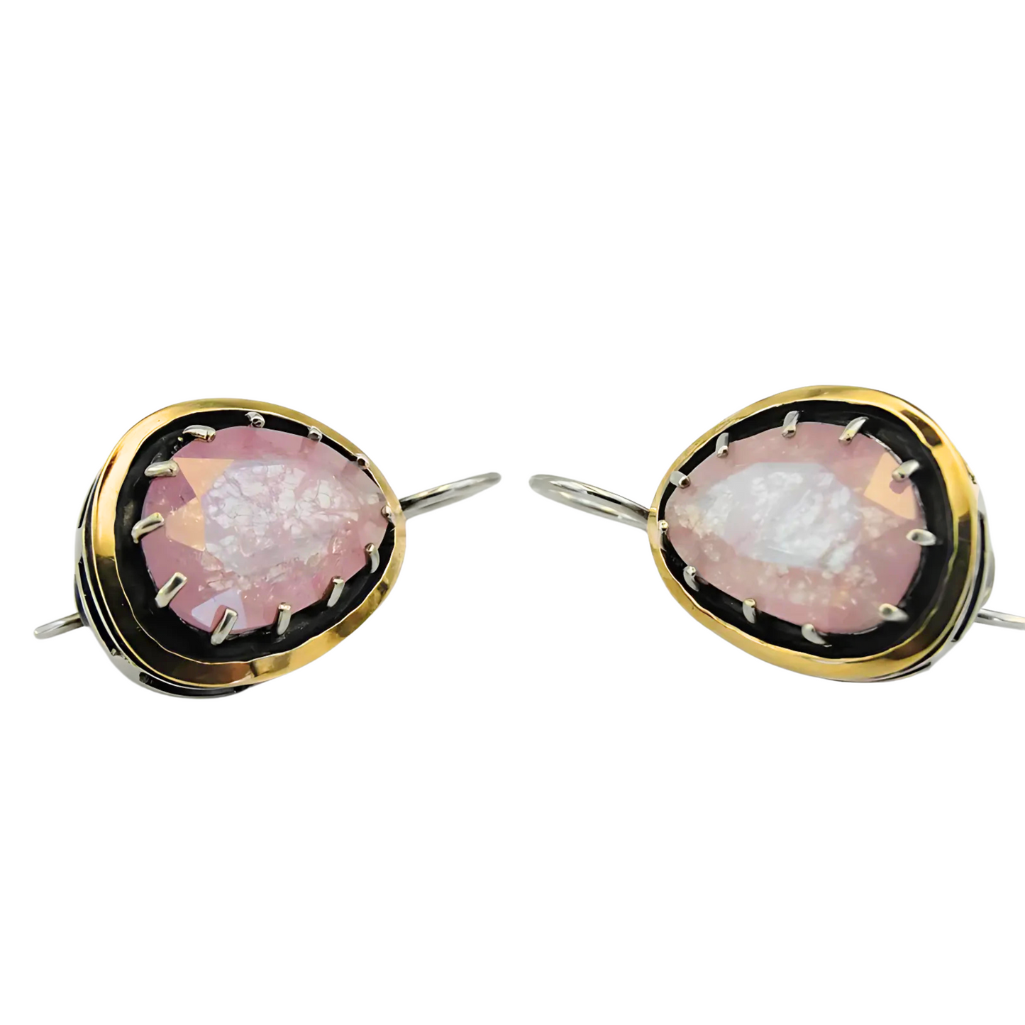 Elegant dangle earrings featuring large rose quartz gemstones, set in sterling silver with yellow gold accents. These unique earrings by Hadar Jewelry showcase a striking blend of color and sophistication, perfect for a statement look.