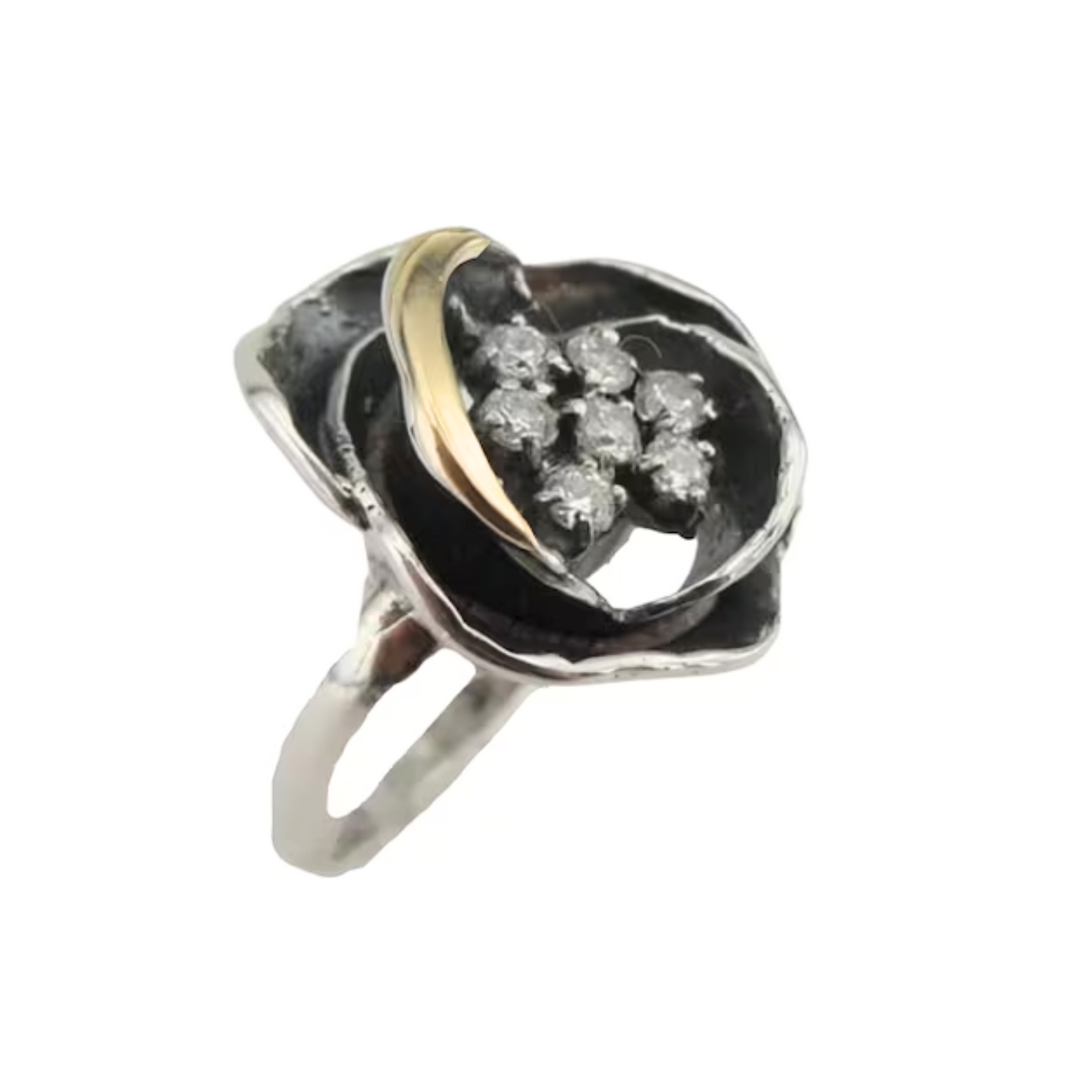 Rose-shaped Ring, Sterling Silver, Gold, and Zircon gemstones.