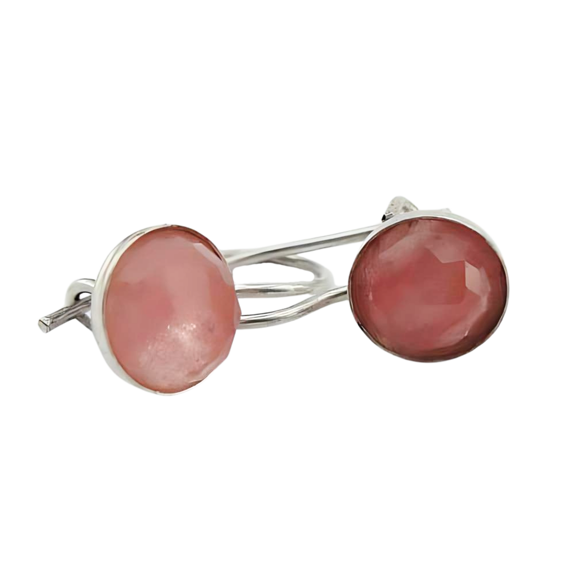 Sterling silver earrings featuring round 8mm rose quartz gemstones with a soft pink hue, set in a minimal yet elegant silver frame with secure hooks. The design highlights the natural beauty of the rose quartz stones, adding a refined touch to any outfit