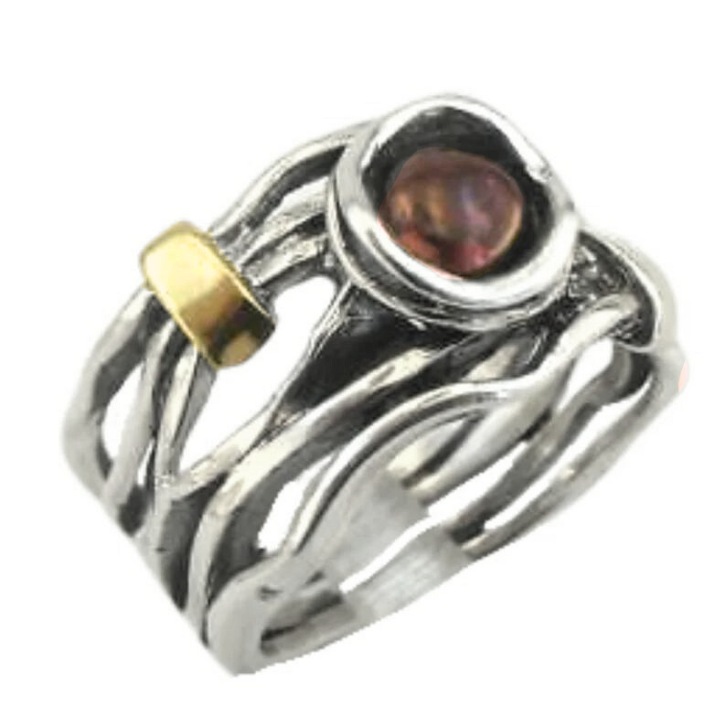 Wide Sterling Silver Garnet Ring with Gold
