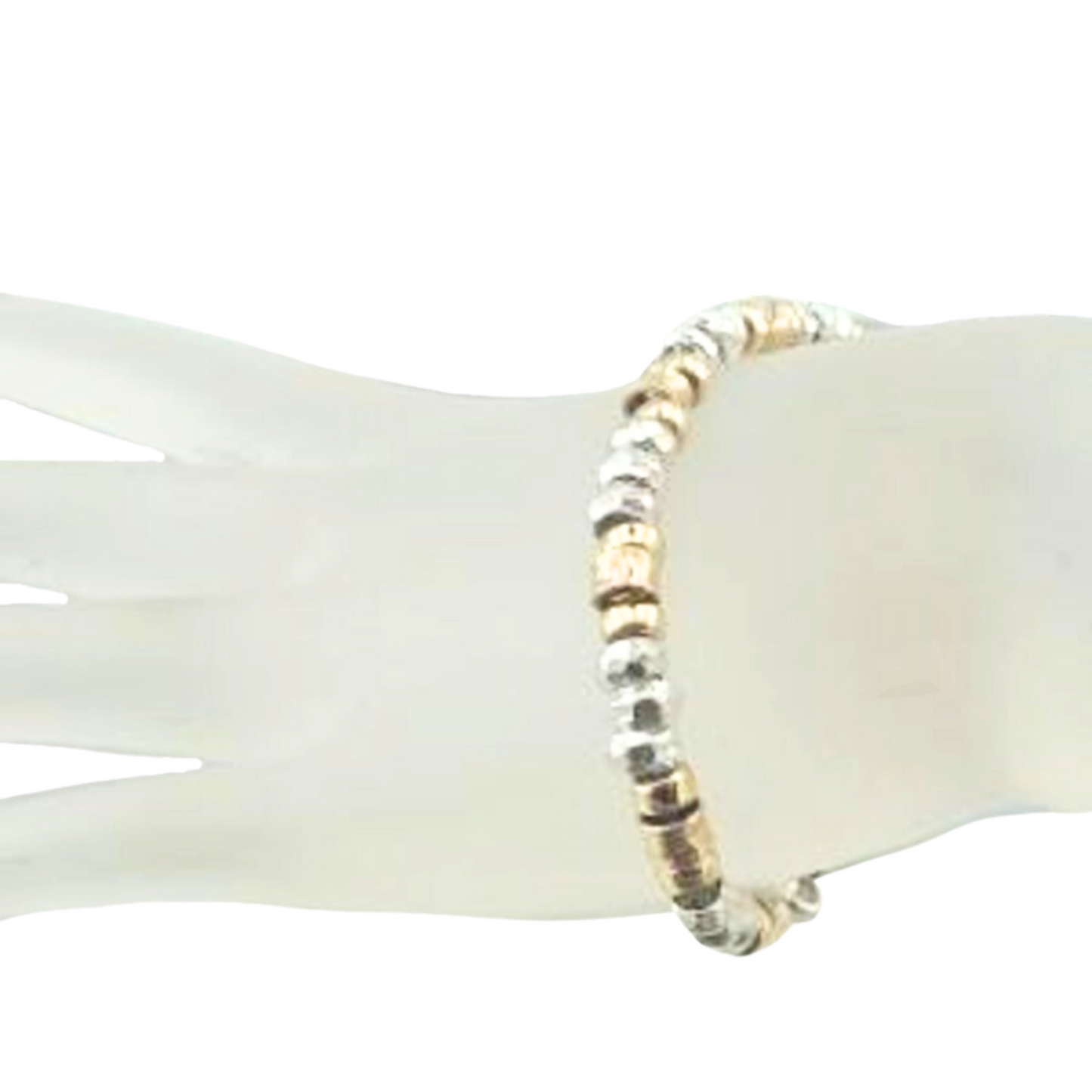 The Bracelet is made of solid Sterling silver and a Yellow gold-filled, 14K. Highlighting the sparkling Solid metal beads.