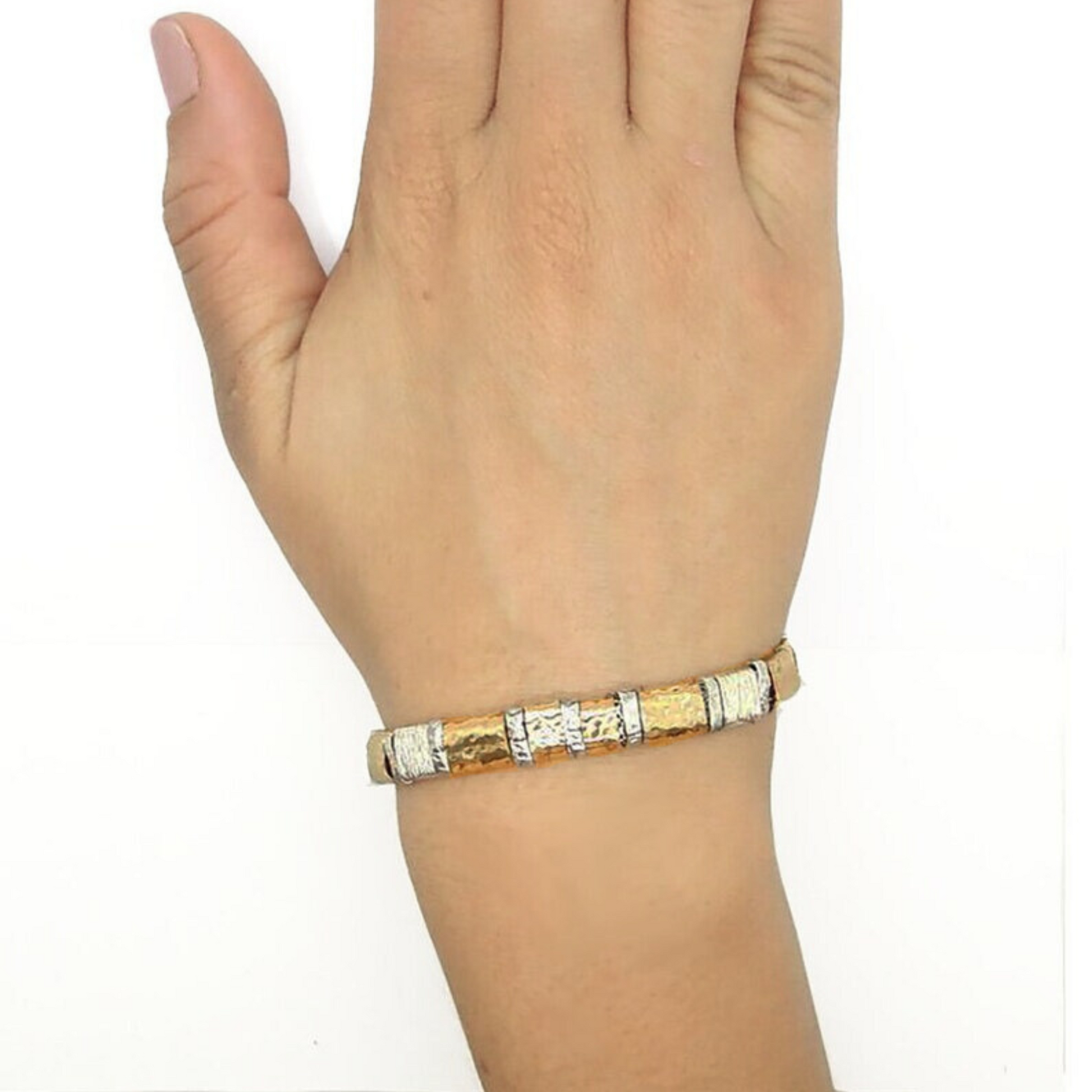 Square Shiny Gold filled and silver hammered bracelet, Unisex bracelet, textured bracelet, gift for him, gift for her, silver and gold bracelet, men jewelry, men bracelet, women bracelet, Israeli Jewelry, Israeli design, Duerry