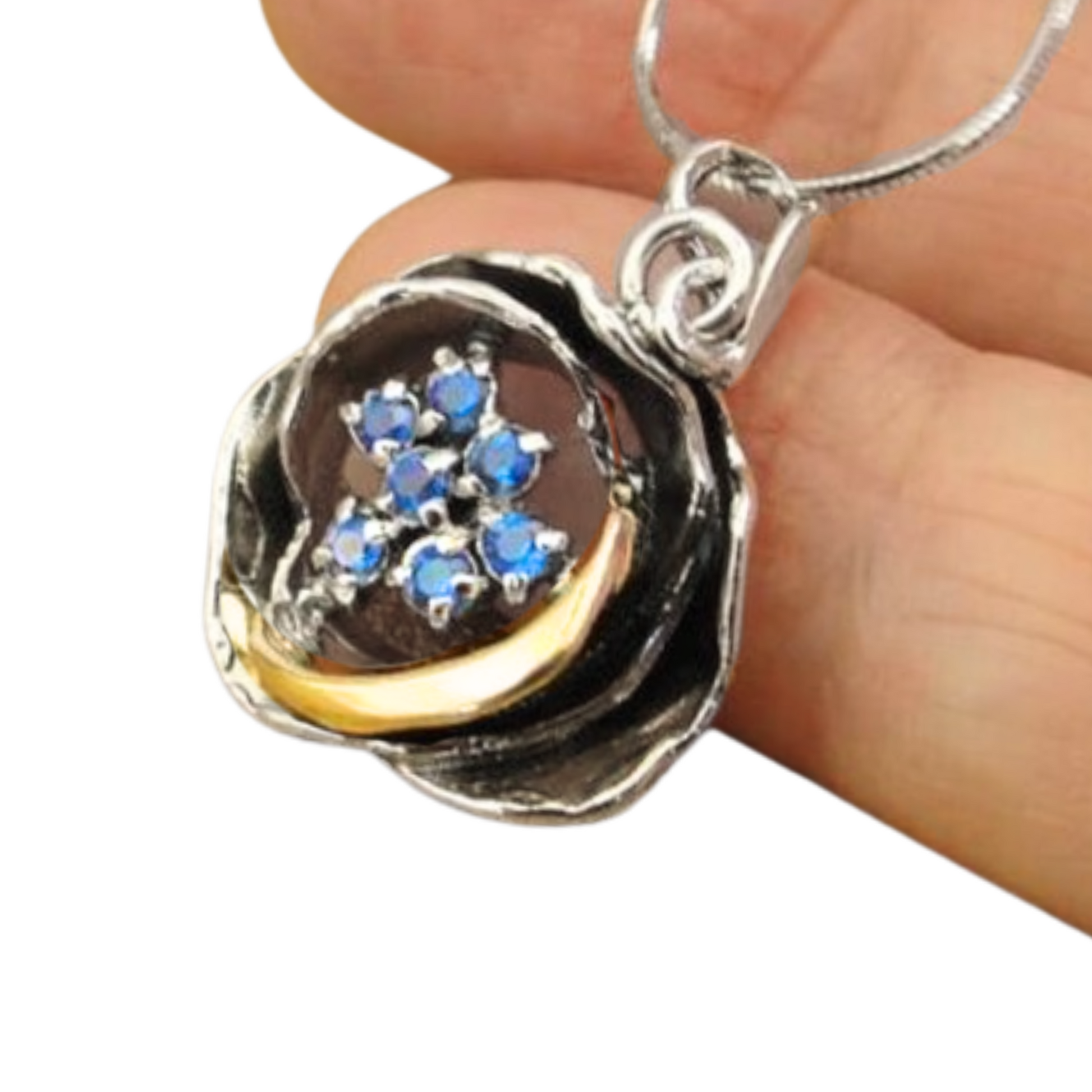 Rose shape silver & Gold Pendant decorated with white Blue CZ gemstone.