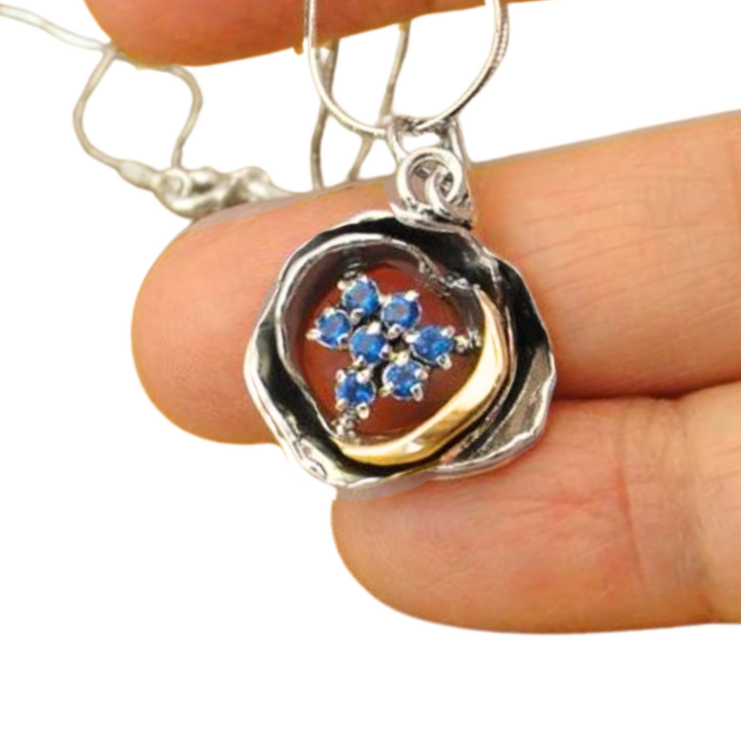 Rose shape silver & Gold Pendant decorated with white Blue CZ gemstone.