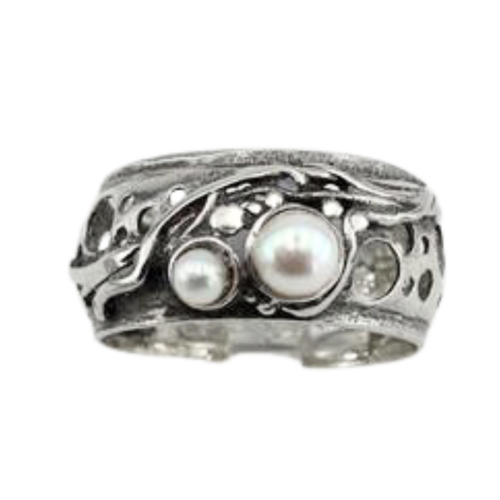 Solid silver ring with genuine natural pearls, Israeli jewelry, Israeli design, wide ring, men ring, unisex ring, pearl ring