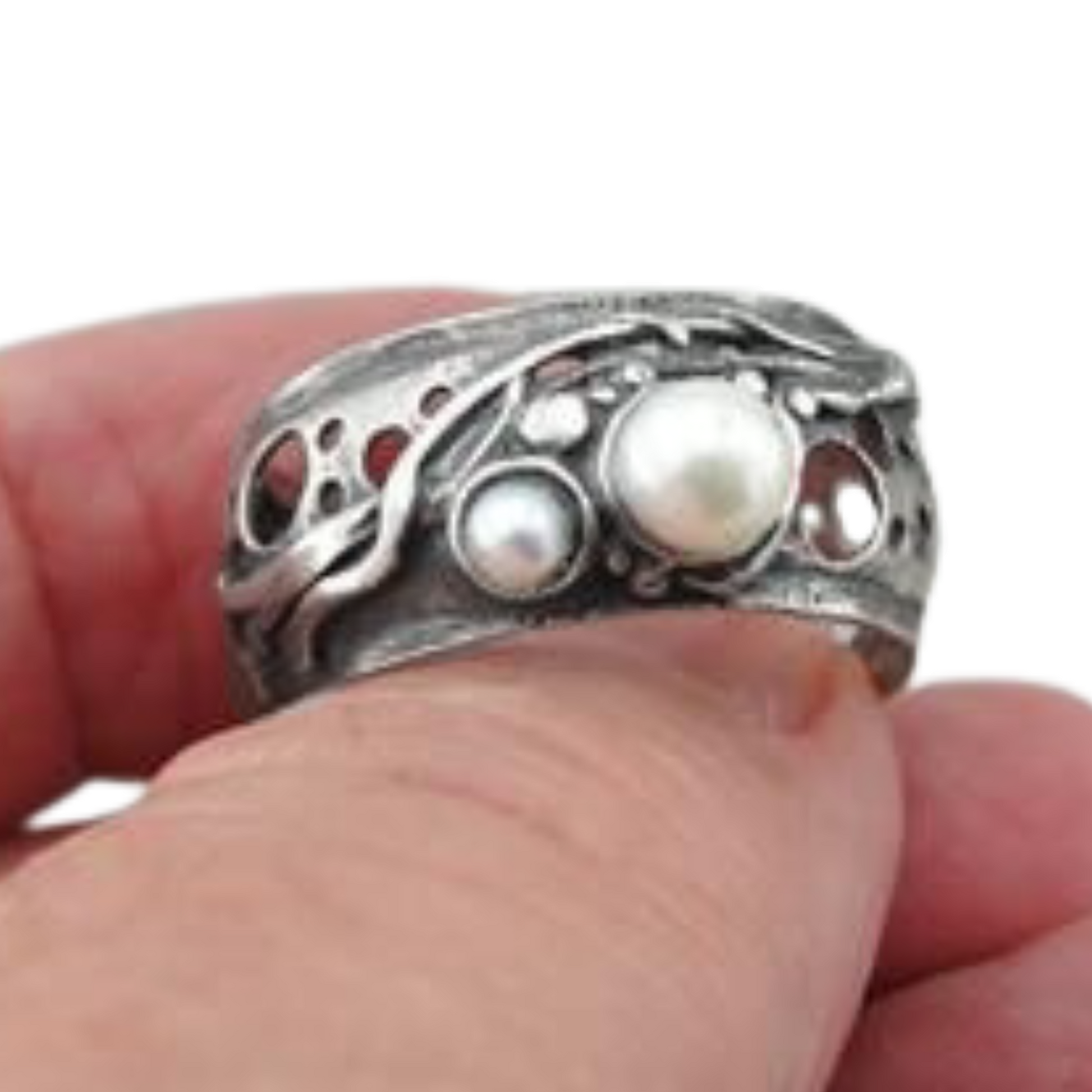 Solid silver ring with genuine natural pearls, Israeli jewelry, Israeli design, wide ring, men ring, unisex ring, pearl ring