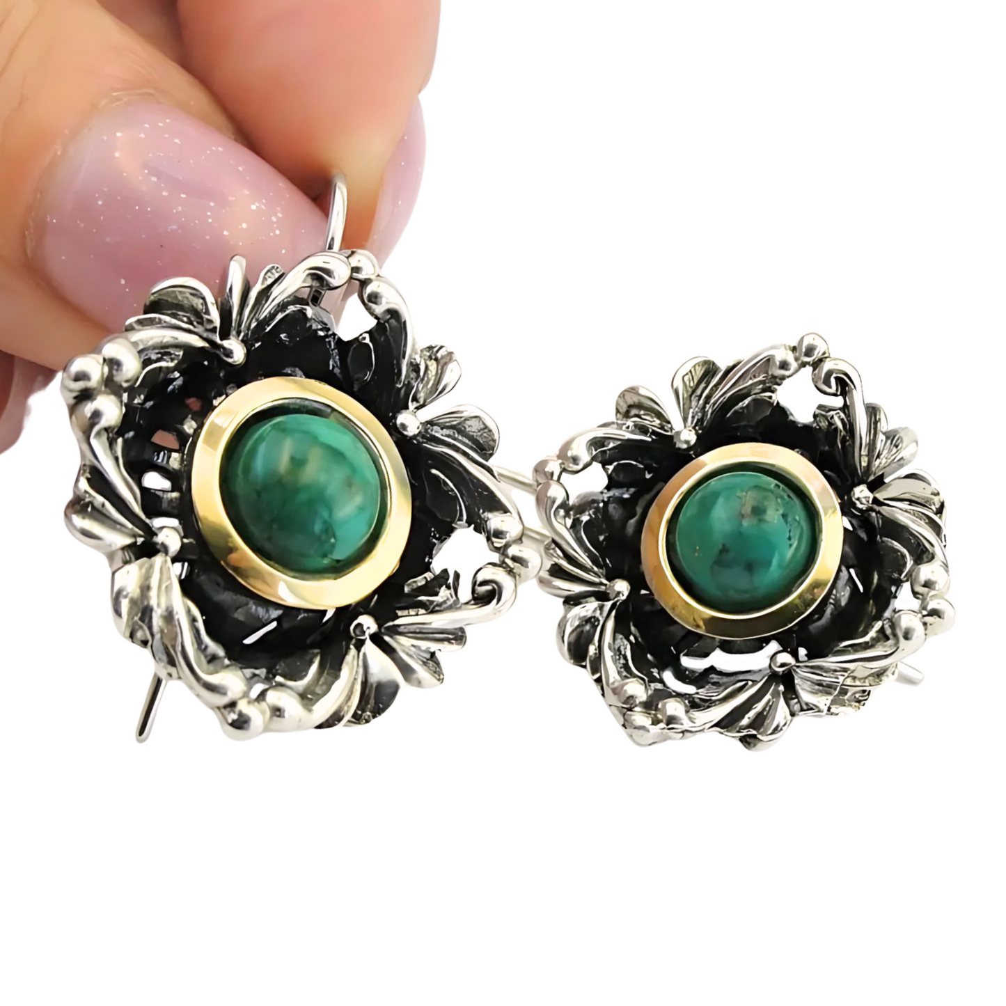 Handcrafted sterling silver earrings with intricate floral design, featuring vibrant turquoise stones and yellow gold accents. These unique earrings by Hadar Jewelry are perfect for adding a touch of elegance and color to any outfit.