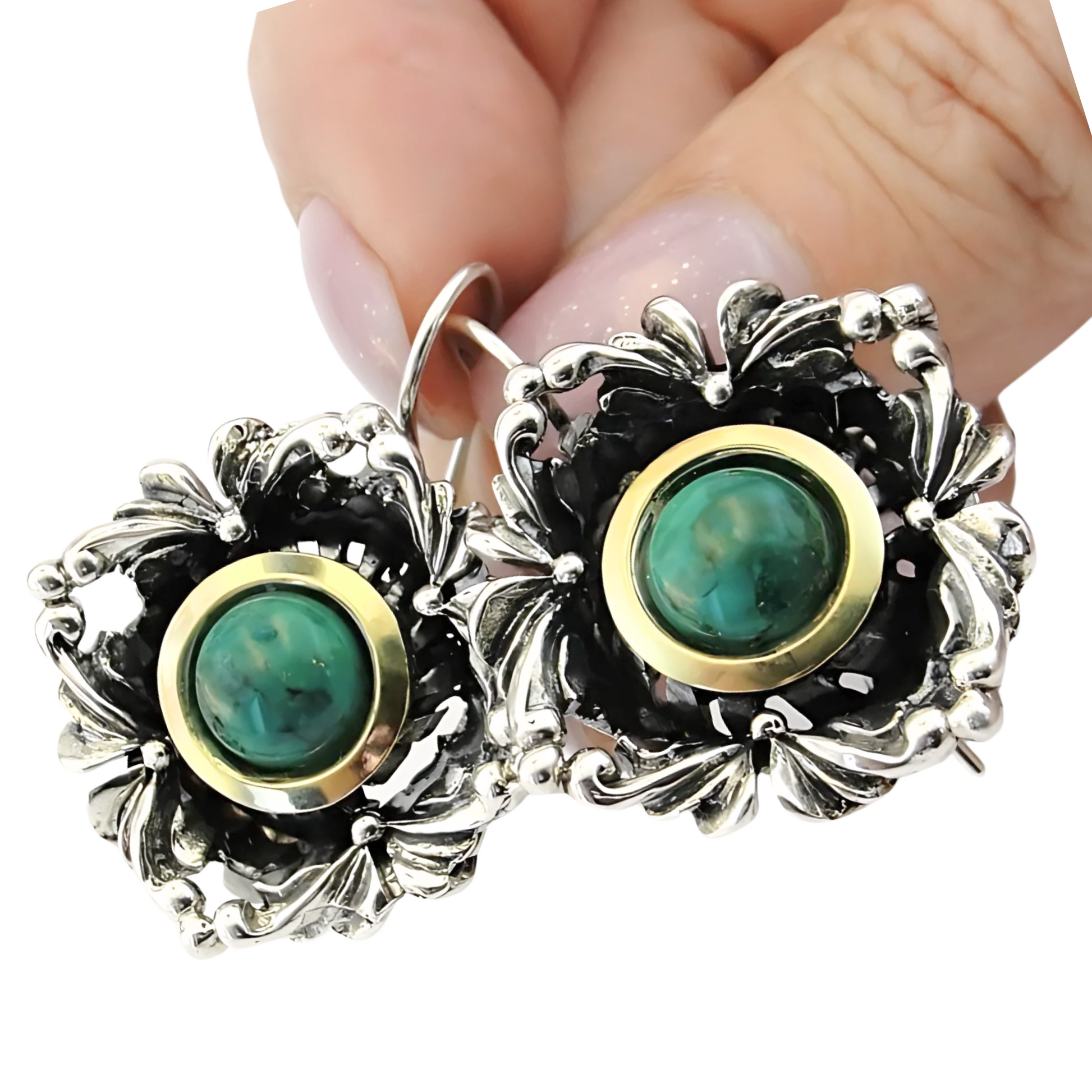 Handcrafted sterling silver earrings with intricate floral design, featuring vibrant turquoise stones and yellow gold accents. These unique earrings by Hadar Jewelry are perfect for adding a touch of elegance and color to any outfit.