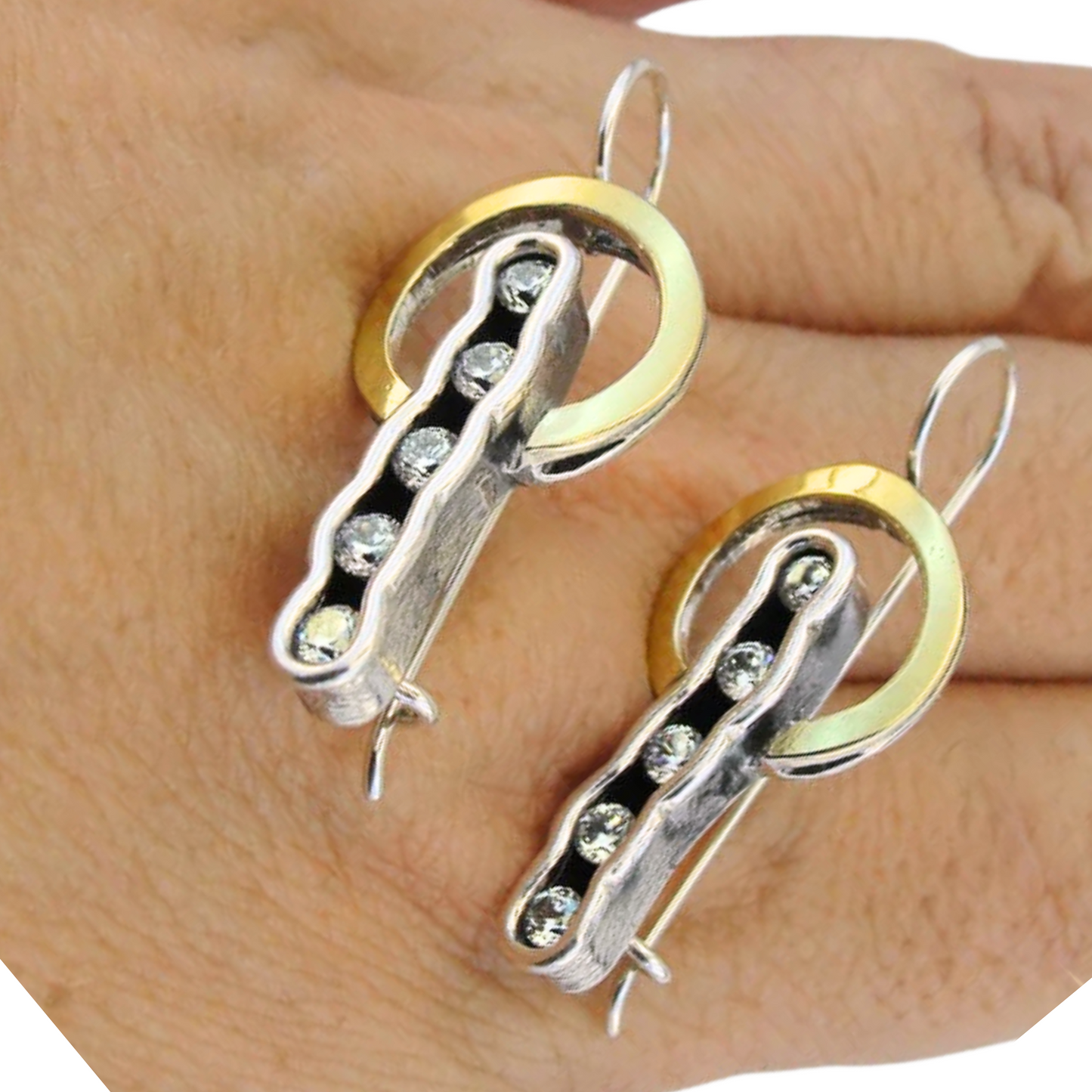 Sterling Silver & 9K Yellow Gold Earrings with Clear Zircon – Ready to Ship for Christmas