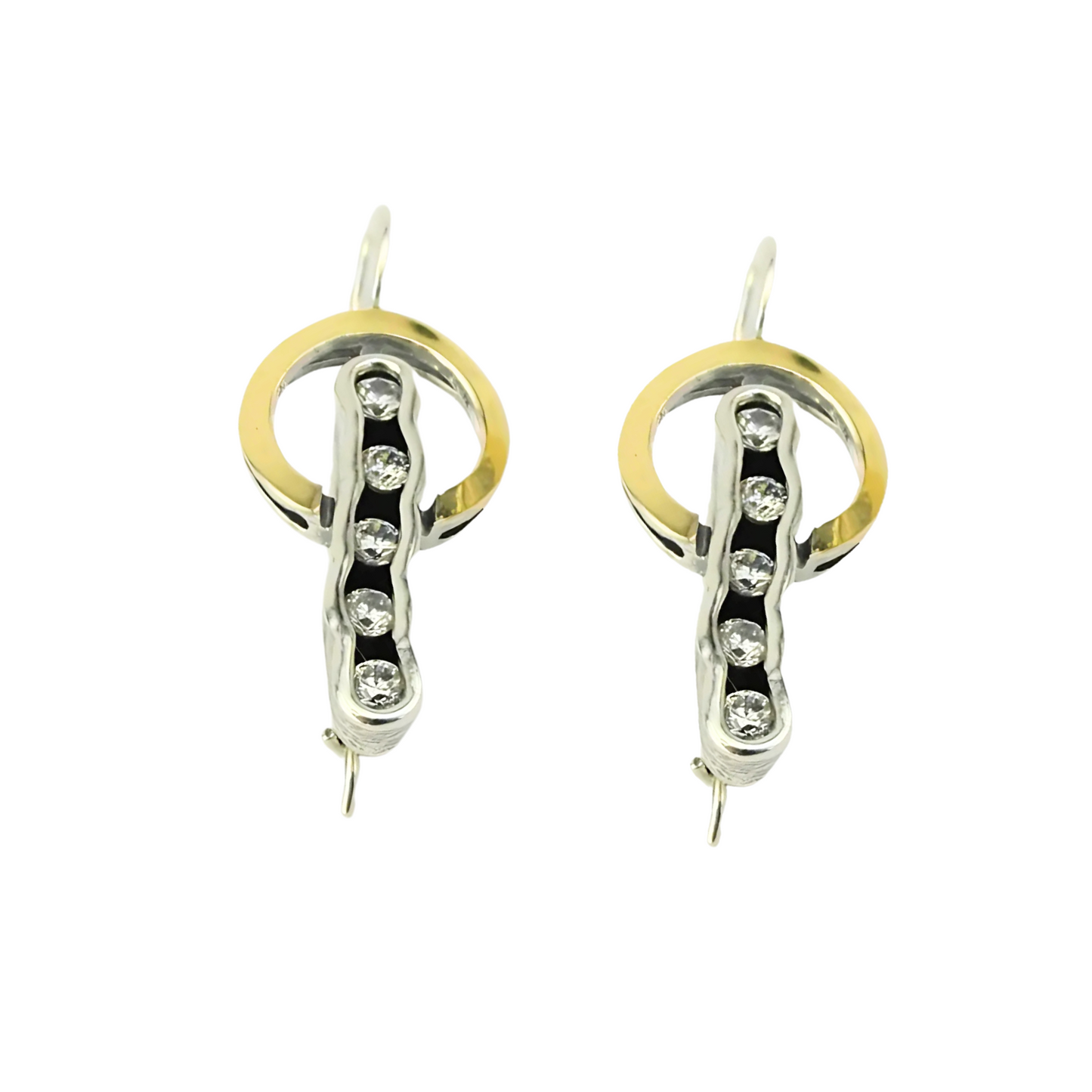 Sterling silver and 9K yellow gold earrings with clear zircon stones, featuring a modern design with a chic combination of precious metals and sparkling gemstones.