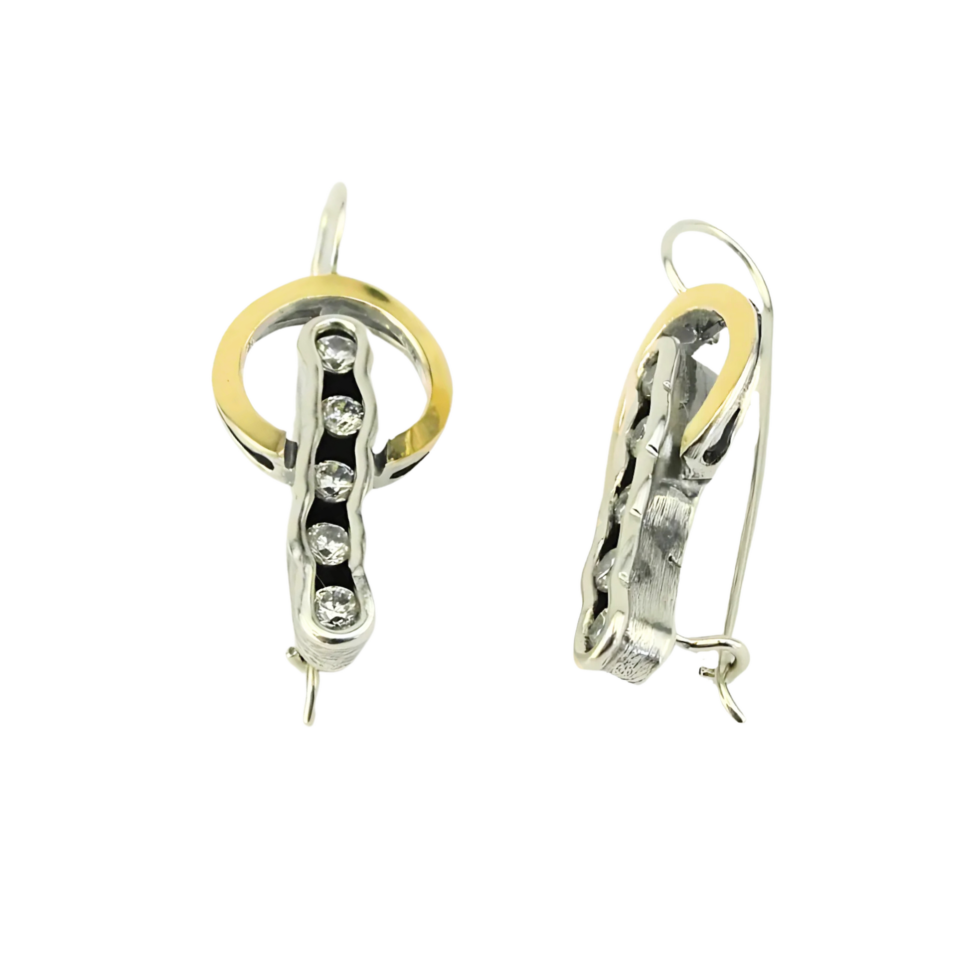 Sterling silver and 9K yellow gold earrings with clear zircon stones, featuring a modern design with a chic combination of precious metals and sparkling gemstones.