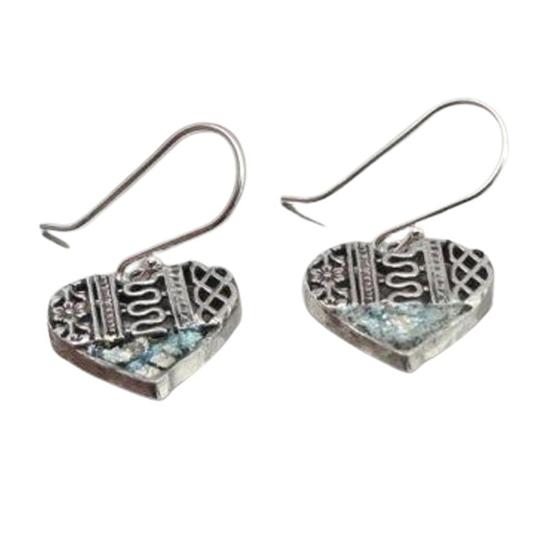 Heart shape  Sterling Silver and Roman Glass Earrings, Filigree Earrings