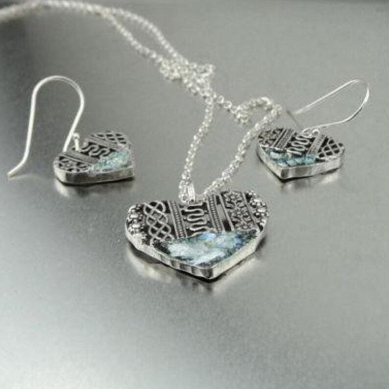 Heart shape  Sterling Silver and Roman Glass Earrings, Filigree Earrings