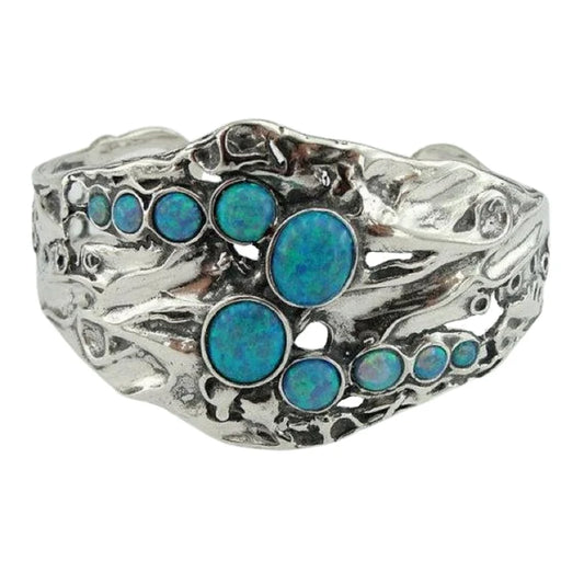 Solid Wide Sterling Silver Blue Opal Cuff Bracelet Made in Israel Fine Israeli Jewelry