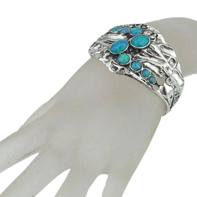 Solid Wide Sterling Silver Blue Opal Cuff Bracelet Made in Israel Fine Israeli Jewelry