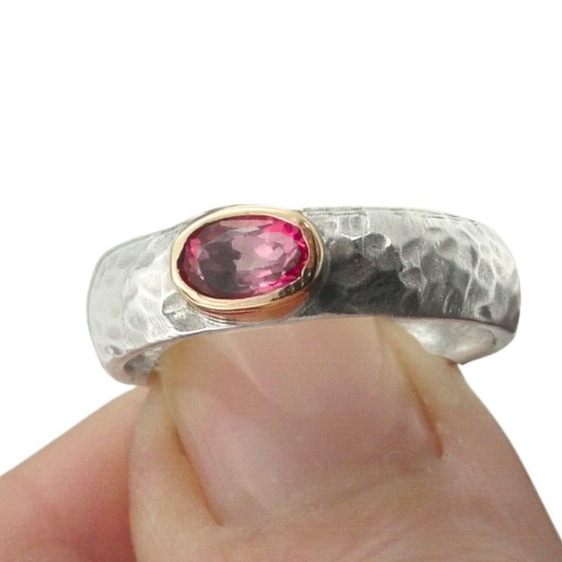 Tourmaline Ring, Pink Tourmaline Sterling Silver Ring With Yellow Gold, Delicate Pink Gemstone, Silver and Gold, Israeli Jewelry