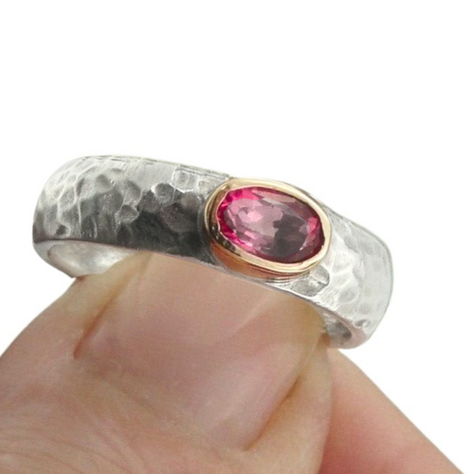 Tourmaline Ring, Pink Tourmaline Sterling Silver Ring With Yellow Gold, Delicate Pink Gemstone, Silver and Gold, Israeli Jewelry