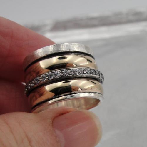 Hadar Designer Swivel 9k Yellow Gold Sterling Silver Zircon Ring