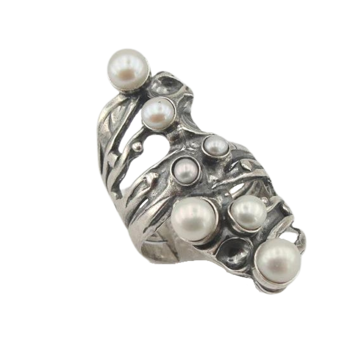 Long Sterling Silver Ring with Fresh Water Natural White Pearls, is a high-quality sterling silver massive ring.
