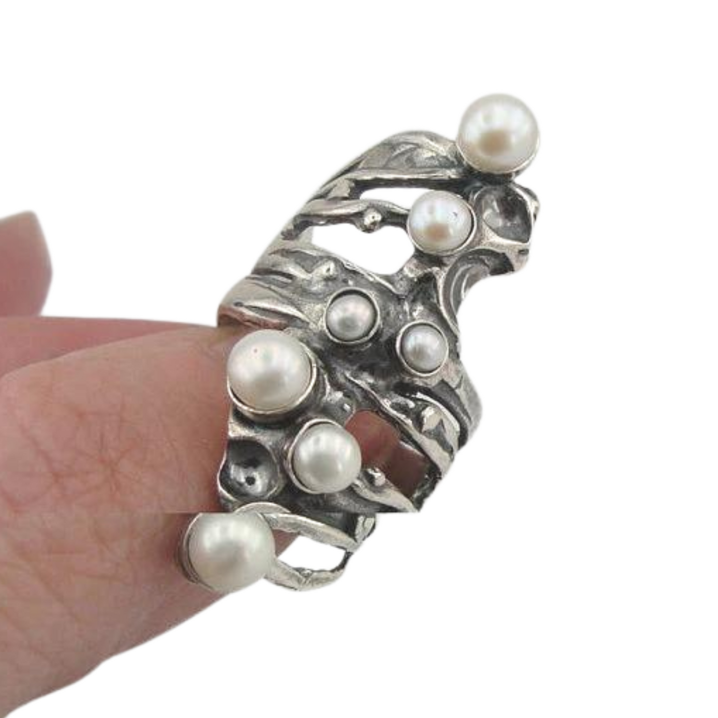 Long Sterling Silver Ring with Fresh Water Natural White Pearls, is a high-quality sterling silver massive ring.