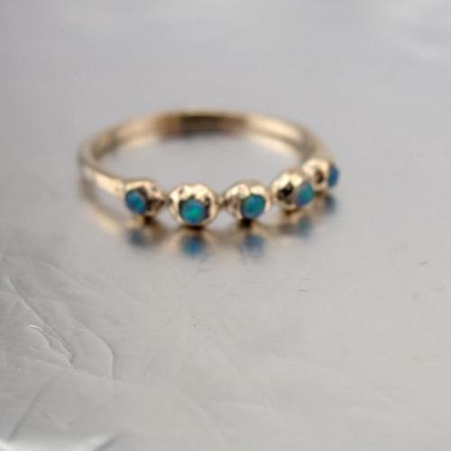 Hadar Designers Handmade Art 9k Gold Five Round Blue Opal Ring Gift for Israeli Women