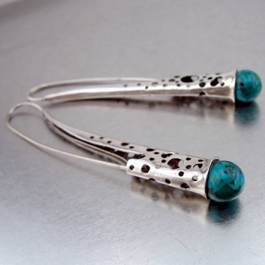 Long 925 Sterling with Silver Turquoise Earrings (H)