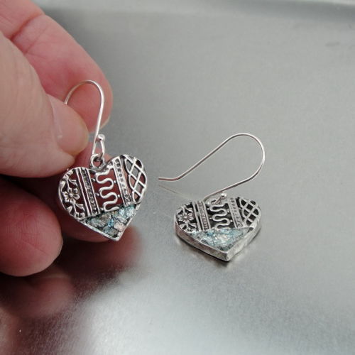 Hadar Designers Heart Sterling Silver Roman Glass Earrings Handmade Filigree