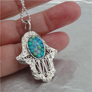 Hadar Jewelry Handmade 925 Sterling Silver Blue Opal Hamsa Pendant