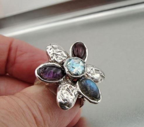 Hadar Designer Handmade Floral 925 Silver Garnet Amethyst Ring