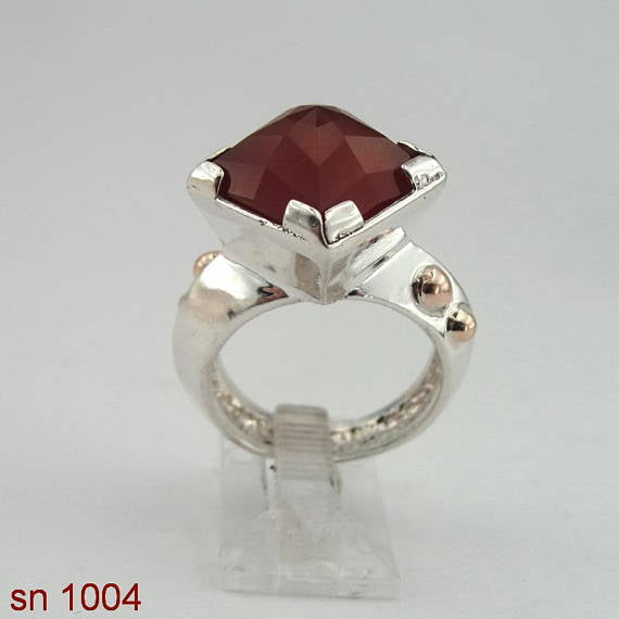 Israel handmade unique 925 Sterling Silver squer cornelian stone and Point 9k gold woman Ring size 8 (sn 1004)